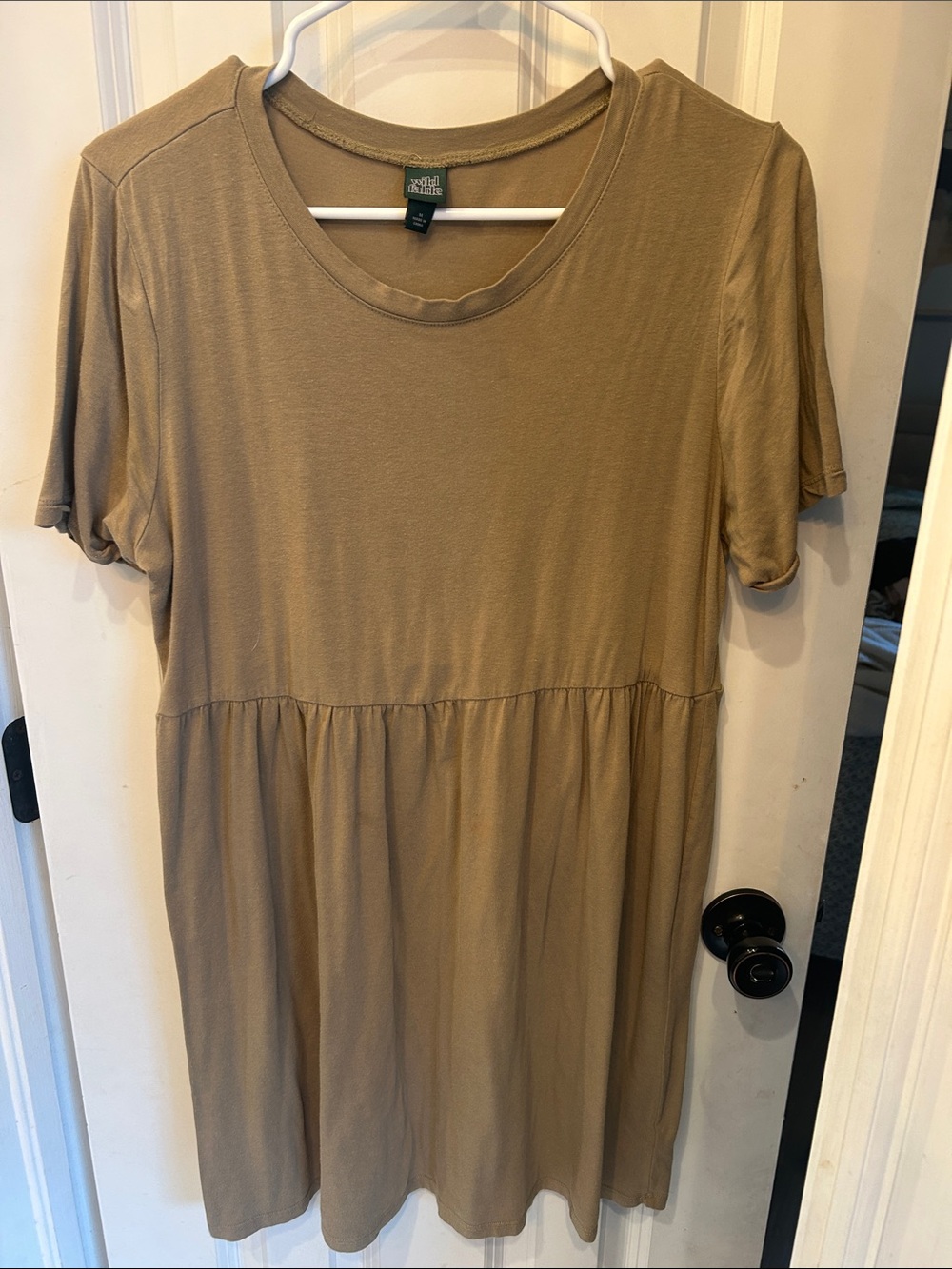 Cozy Short Sleeve Smocked-Waist Dress - Taupe/Olive